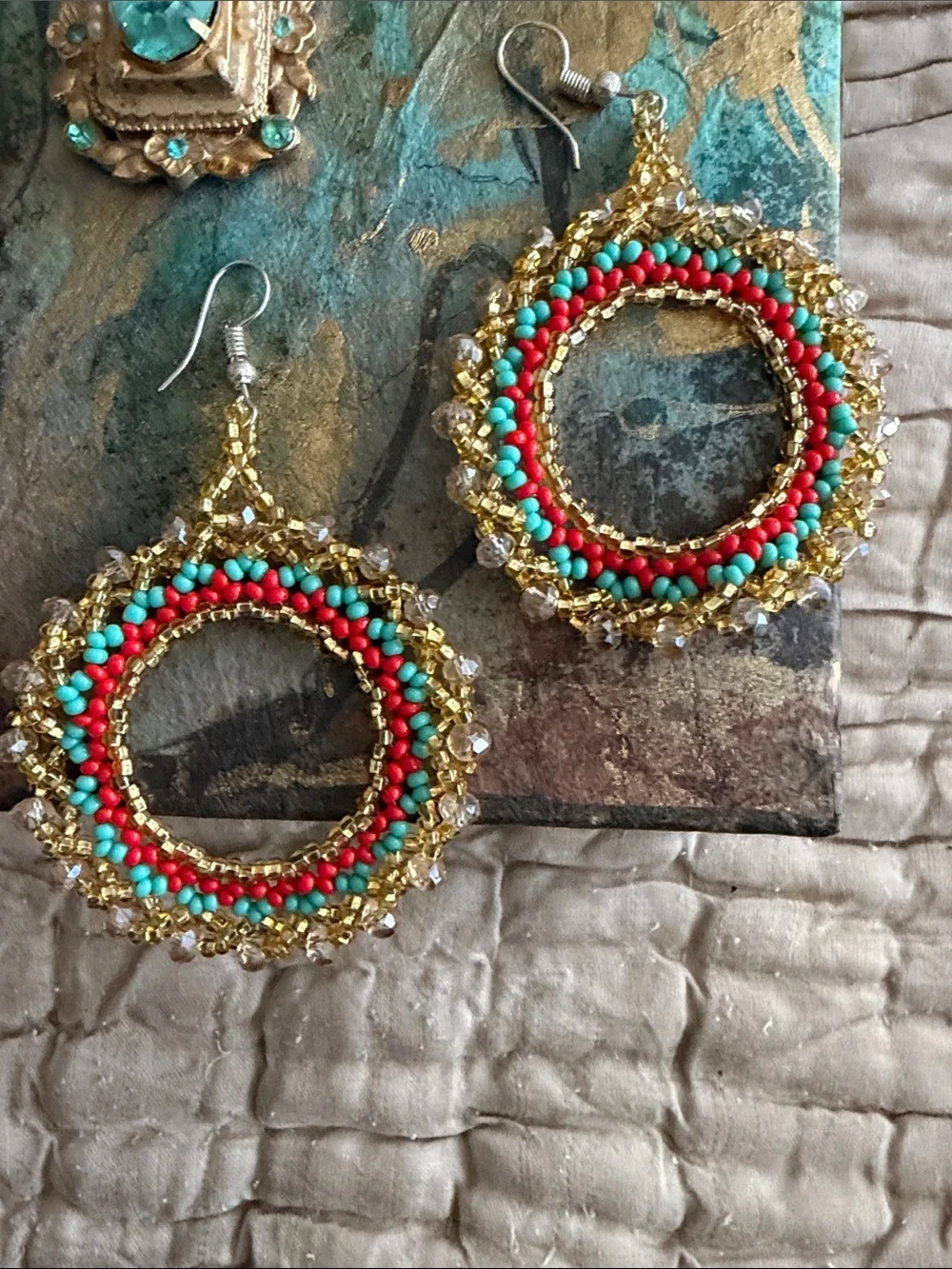Pierced earrings crochet hoops turquoise gold coral colored seed beads